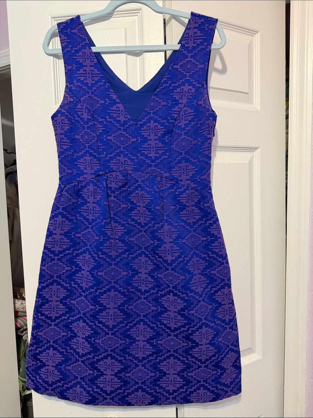 Maeve for Anthropologie Avery Aztec Brocade Dress in Purple and Blue